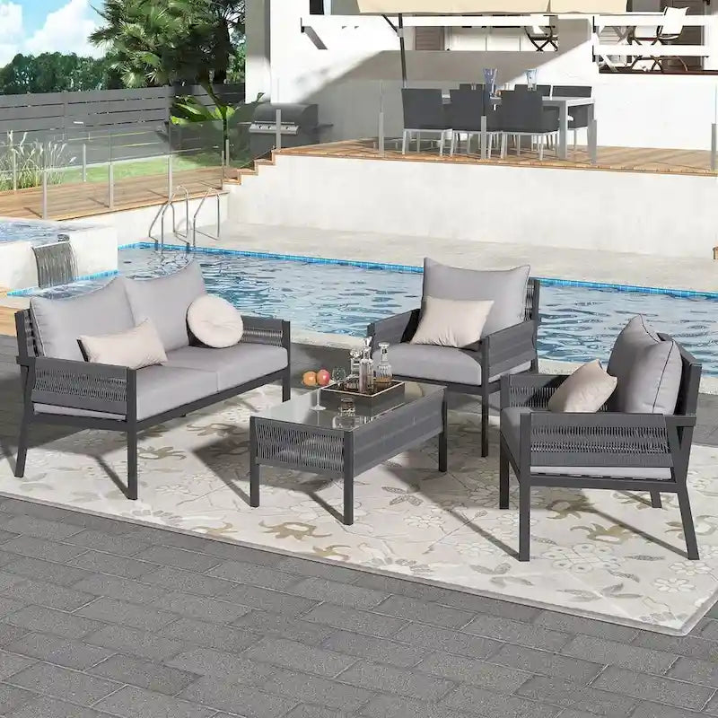 4-Piece Rope Conversation Set with Slatted Tempered Glass Top and Thick Cushion