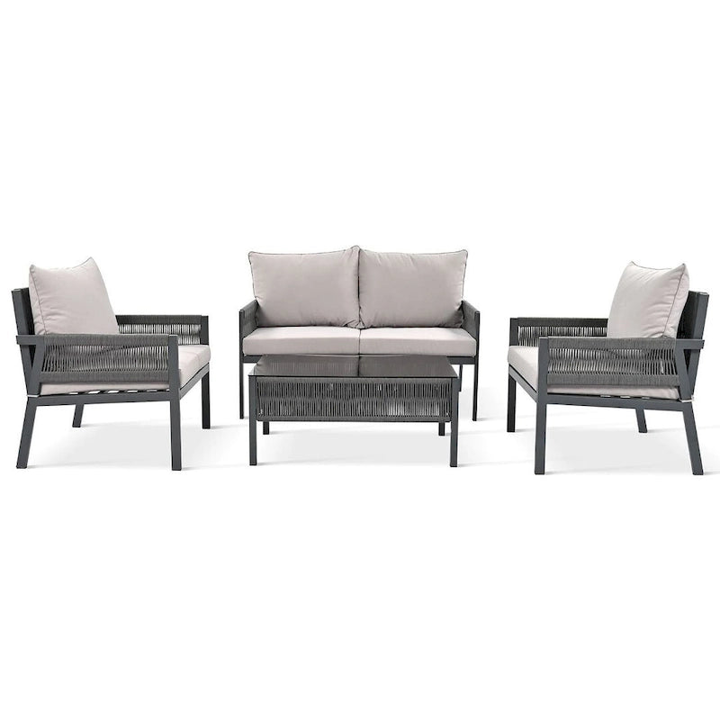 4-Piece Rope Conversation Set with Slatted Tempered Glass Top and Thick Cushion