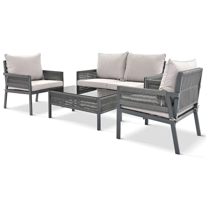 4-Piece Rope Conversation Set with Slatted Tempered Glass Top and Thick Cushion
