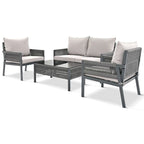 4-Piece Rope Conversation Set with Slatted Tempered Glass Top and Thick Cushion