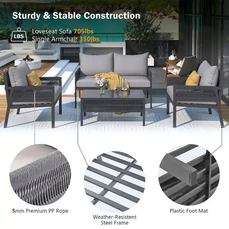 4-Piece Rope Conversation Set with Slatted Tempered Glass Top and Thick Cushion
