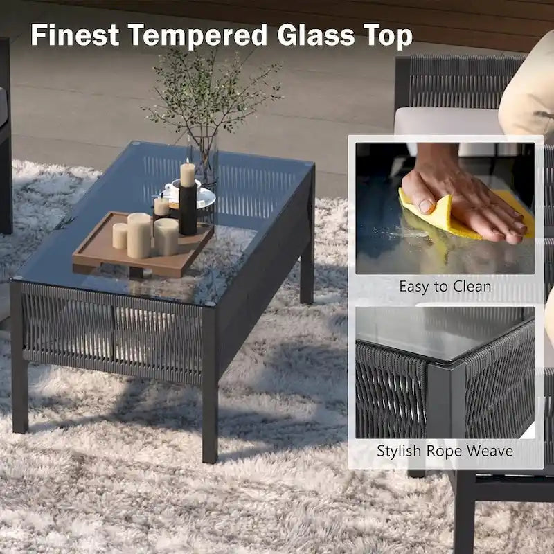 4-Piece Rope Conversation Set with Slatted Tempered Glass Top and Thick Cushion