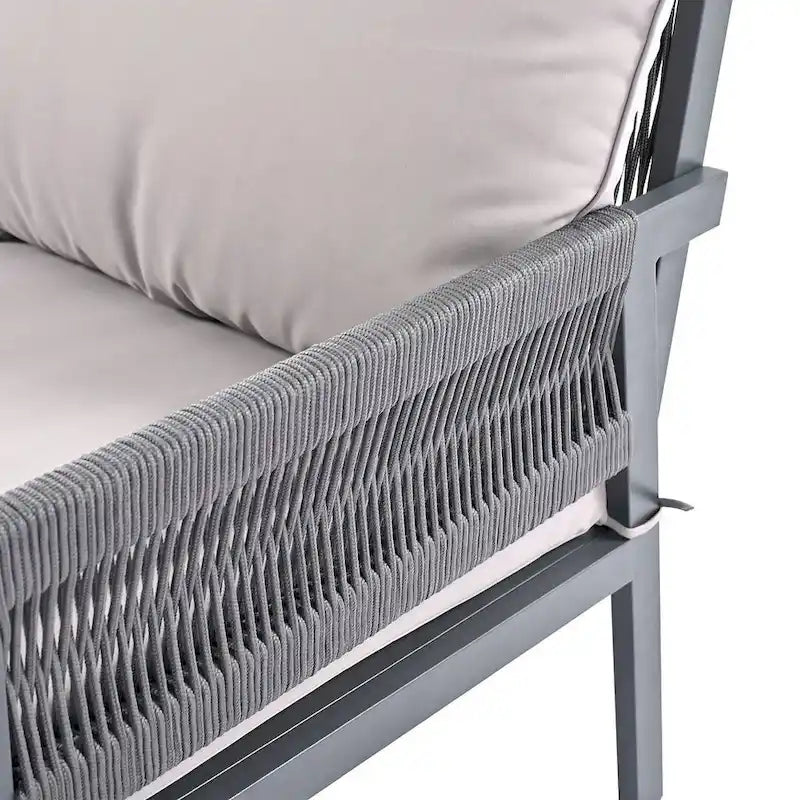 4-Piece Rope Conversation Set with Slatted Tempered Glass Top and Thick Cushion