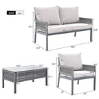 4-Piece Rope Conversation Set with Slatted Tempered Glass Top and Thick Cushion