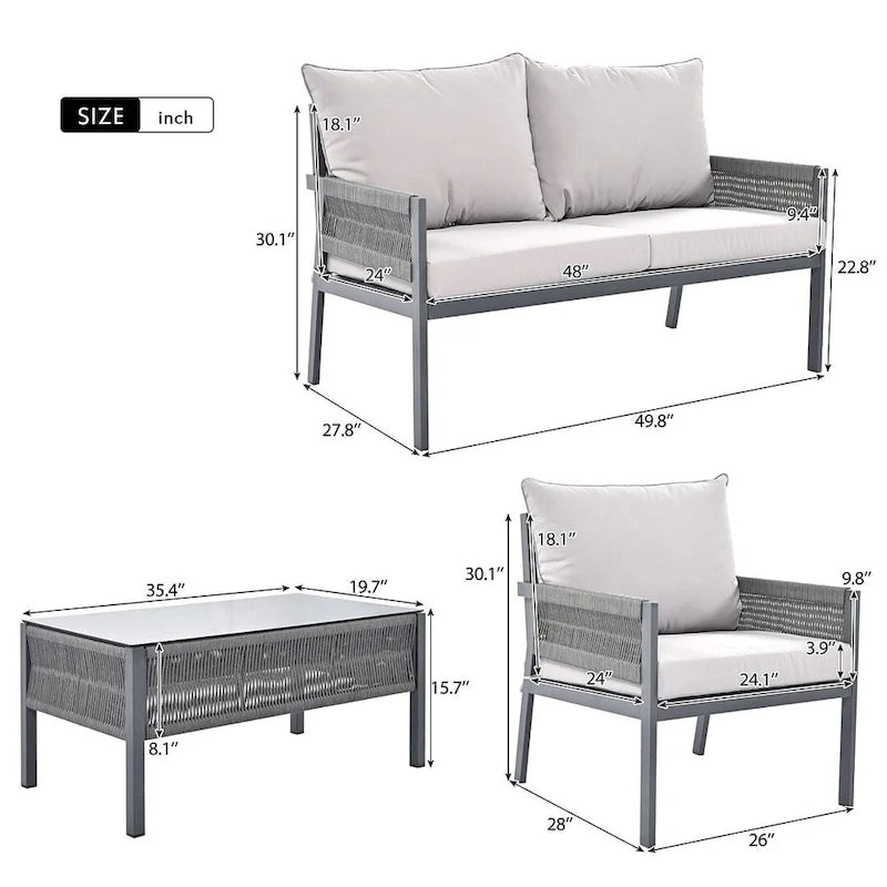 4-Piece Rope Conversation Set with Slatted Tempered Glass Top and Thick Cushion