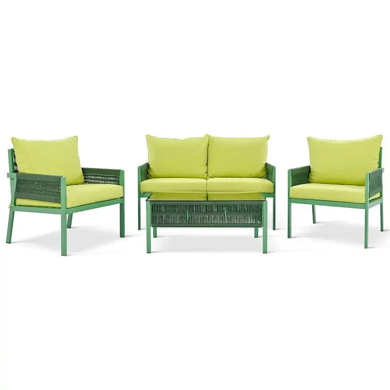 4-Piece Rope Conversation Set with Slatted Tempered Glass Top and Thick Cushion
