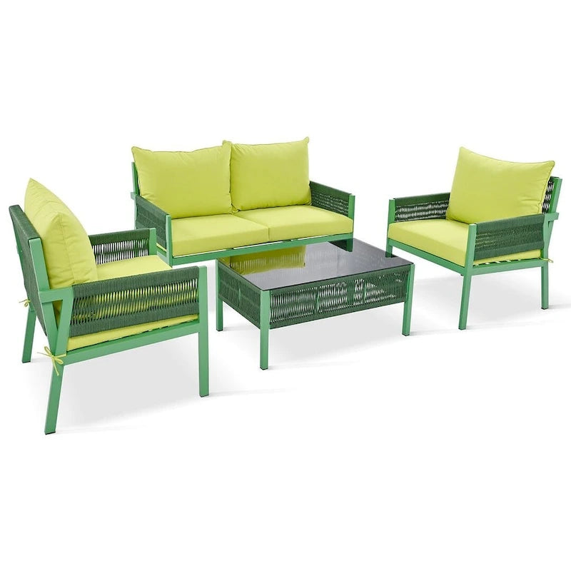 4-Piece Rope Conversation Set with Slatted Tempered Glass Top and Thick Cushion