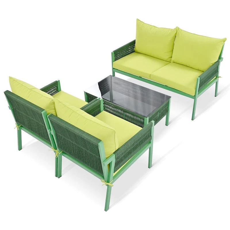 4-Piece Rope Conversation Set with Slatted Tempered Glass Top and Thick Cushion