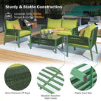 4-Piece Rope Conversation Set with Slatted Tempered Glass Top and Thick Cushion
