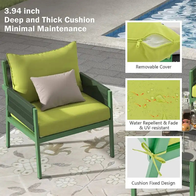 4-Piece Rope Conversation Set with Slatted Tempered Glass Top and Thick Cushion