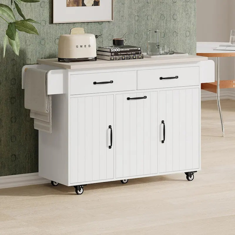 Kitchen Island with Trash Can Storage Cabinet, Drop-Leaf Cart, Spice&Towel Rack, Rolling Cart On Wheels with Adjustable Shelf