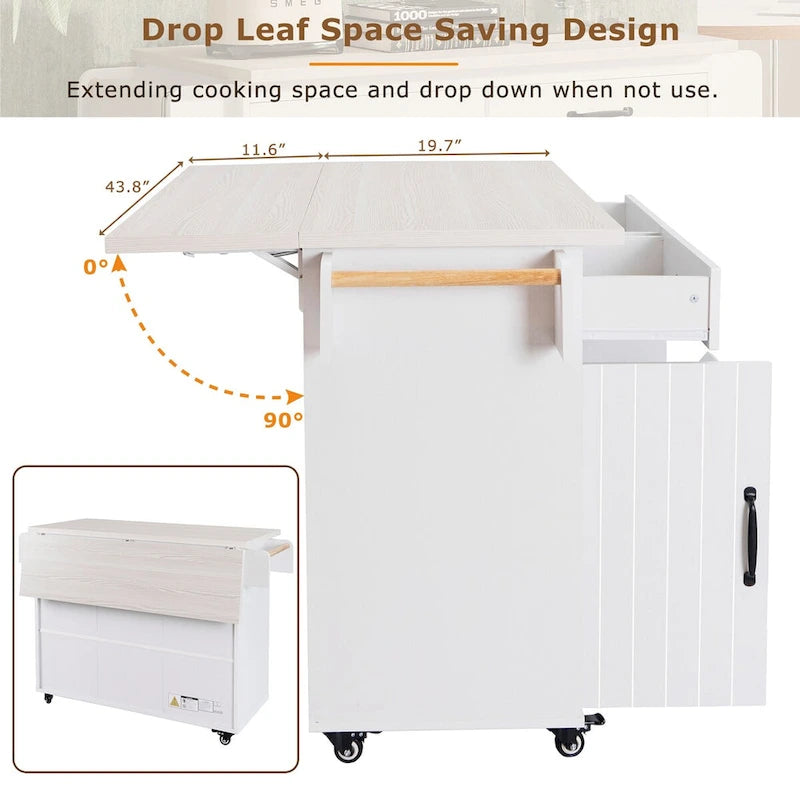 Kitchen Island with Trash Can Storage Cabinet, Drop-Leaf Cart, Spice&Towel Rack, Rolling Cart On Wheels with Adjustable Shelf