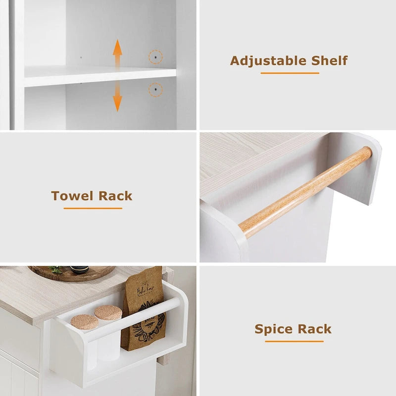 Kitchen Island with Trash Can Storage Cabinet, Drop-Leaf Cart, Spice&Towel Rack, Rolling Cart On Wheels with Adjustable Shelf