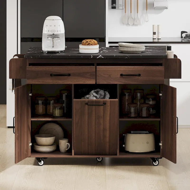 Kitchen Island with Trash Can Storage Cabinet, Drop-Leaf Cart, Spice&Towel Rack, Rolling Cart On Wheels with Adjustable Shelf