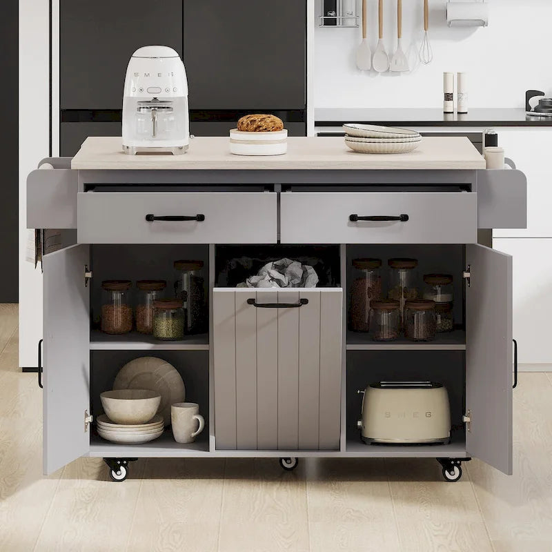 Kitchen Island with Trash Can Storage Cabinet, Drop-Leaf Cart, Spice&Towel Rack, Rolling Cart On Wheels with Adjustable Shelf