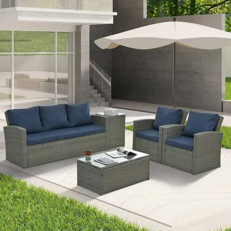 Patio Furniture, Outdoor Furniture, Seasonal PE Wicker Furniture,5 Set Wicker Furniture With Tempered Glass Table Top