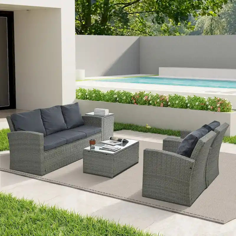 Patio Furniture, Outdoor Furniture, Seasonal PE Wicker Furniture,5 Set Wicker Furniture With Tempered Glass Table Top