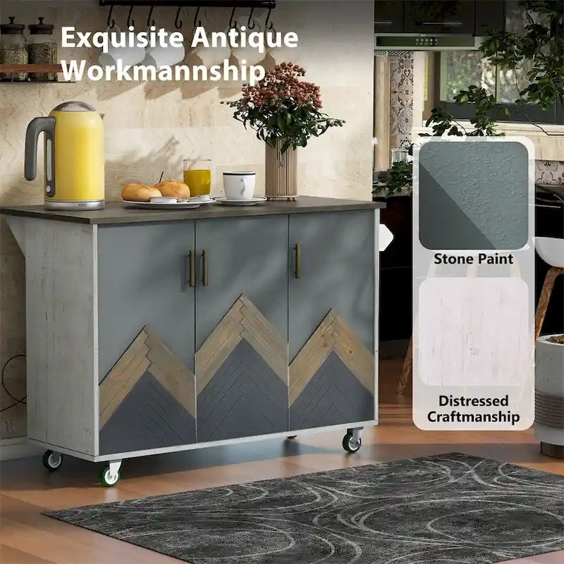 Retro Mountain Wood Kitchen Island with Drop Leaf, Storage Rack