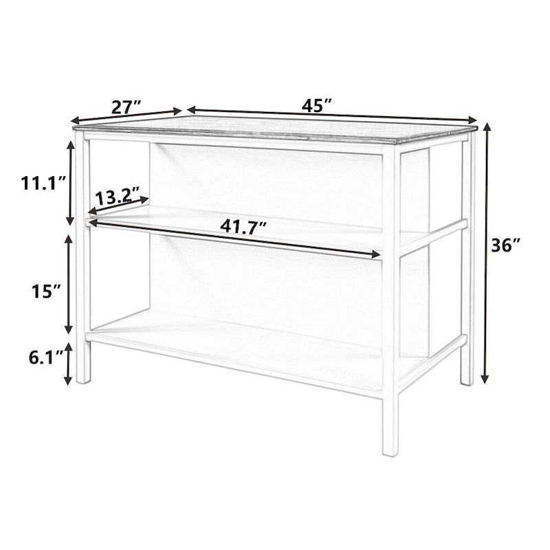 Solid Wood 45 Stationary Kitchen Island with Prep Table and Shelves