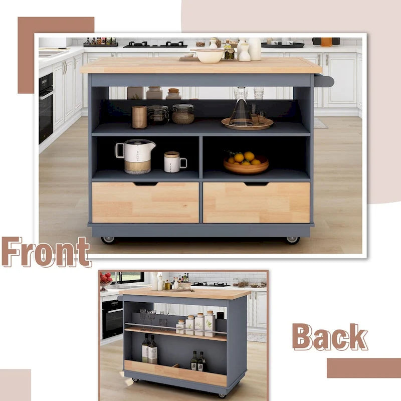 Wood Rolling Kitchen Island with 2 Drawers and 3 Open Compartments