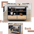 Wood Rolling Kitchen Island with 2 Drawers and 3 Open Compartments