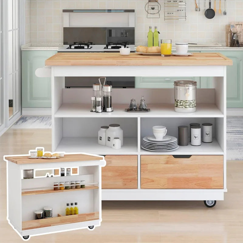Wood Rolling Kitchen Island with 2 Drawers and 3 Open Compartments