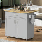 Kitchen Island with Rubber Wood Top, Spacious Drawer, Internal Storage Rack, Wheels