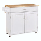 Kitchen Island with Rubber Wood Top, Spacious Drawer, Internal Storage Rack, Wheels
