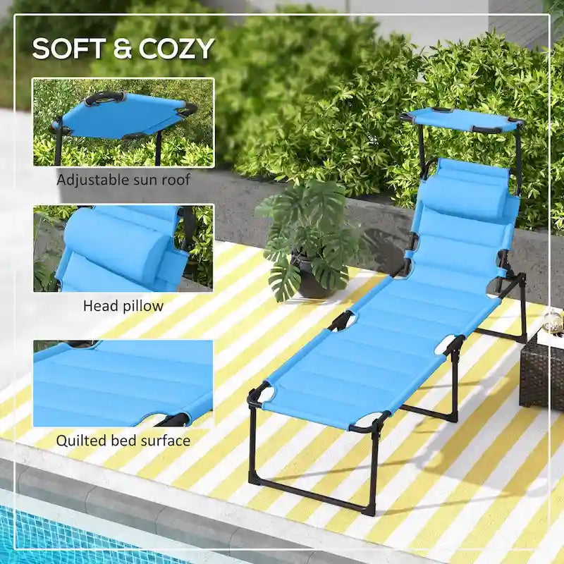 Lounge Chair, Adjustable Backrest Folding Chaise Lounge, Cushioned Tanning Chair Sunshade Roof & Pillow Headrest