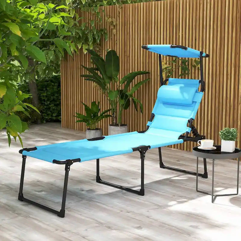 Lounge Chair, Adjustable Backrest Folding Chaise Lounge, Cushioned Tanning Chair Sunshade Roof & Pillow Headrest