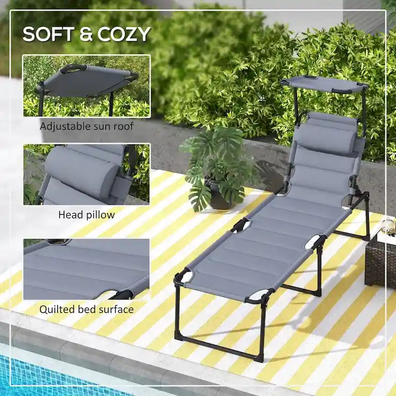 Lounge Chair, Adjustable Backrest Folding Chaise Lounge, Cushioned Tanning Chair Sunshade Roof & Pillow Headrest