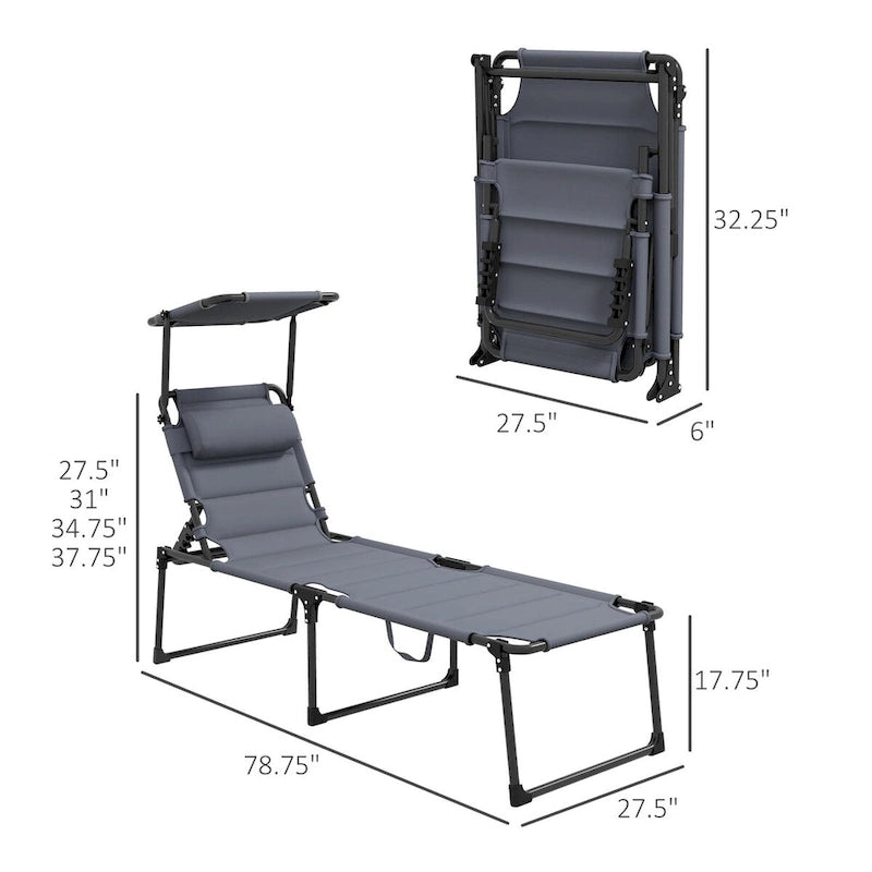 Lounge Chair, Adjustable Backrest Folding Chaise Lounge, Cushioned Tanning Chair Sunshade Roof & Pillow Headrest