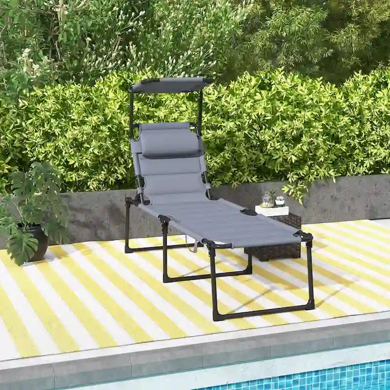 Lounge Chair, Adjustable Backrest Folding Chaise Lounge, Cushioned Tanning Chair Sunshade Roof & Pillow Headrest