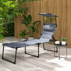 Lounge Chair, Adjustable Backrest Folding Chaise Lounge, Cushioned Tanning Chair Sunshade Roof & Pillow Headrest