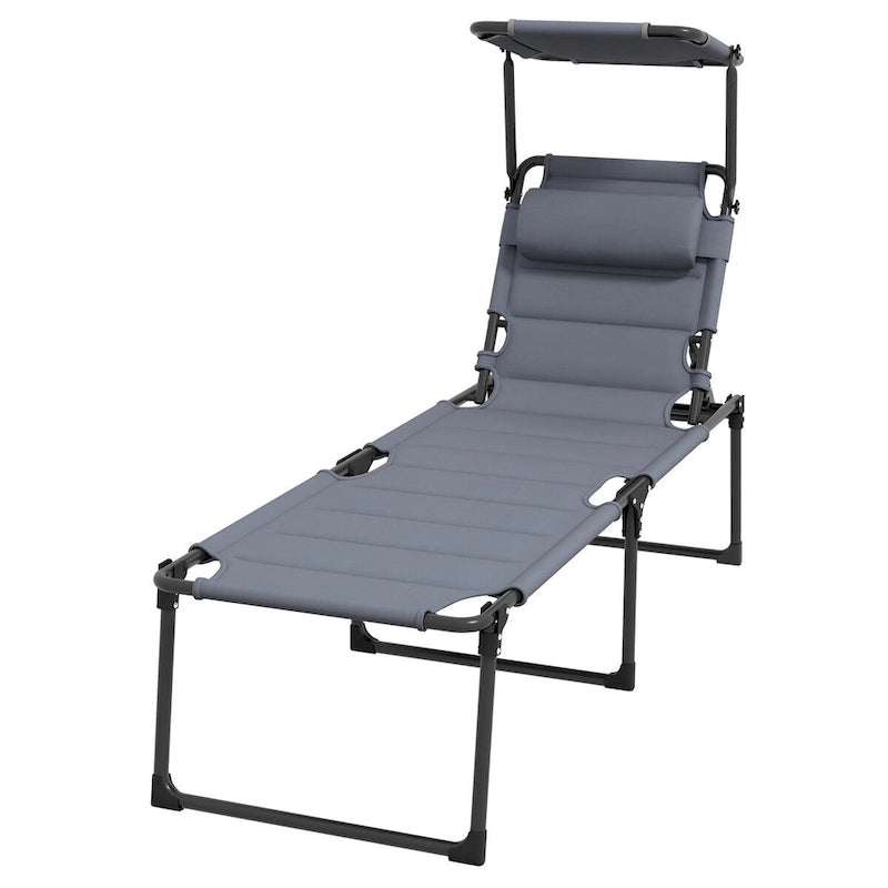 Lounge Chair, Adjustable Backrest Folding Chaise Lounge, Cushioned Tanning Chair Sunshade Roof & Pillow Headrest