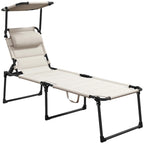 Lounge Chair, Adjustable Backrest Folding Chaise Lounge, Cushioned Tanning Chair Sunshade Roof & Pillow Headrest