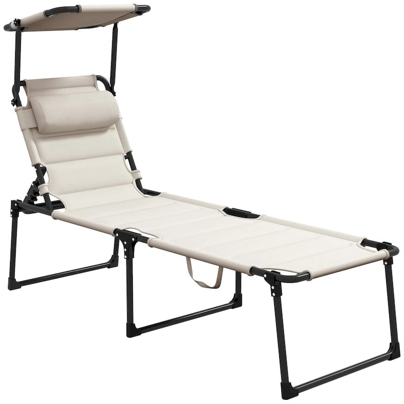 Lounge Chair, Adjustable Backrest Folding Chaise Lounge, Cushioned Tanning Chair Sunshade Roof & Pillow Headrest
