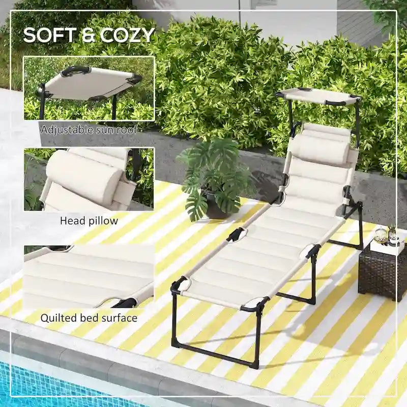Lounge Chair, Adjustable Backrest Folding Chaise Lounge, Cushioned Tanning Chair Sunshade Roof & Pillow Headrest