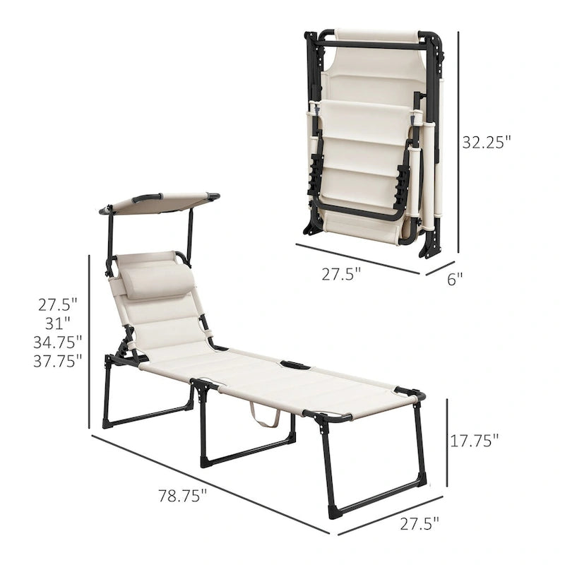 Lounge Chair, Adjustable Backrest Folding Chaise Lounge, Cushioned Tanning Chair Sunshade Roof & Pillow Headrest