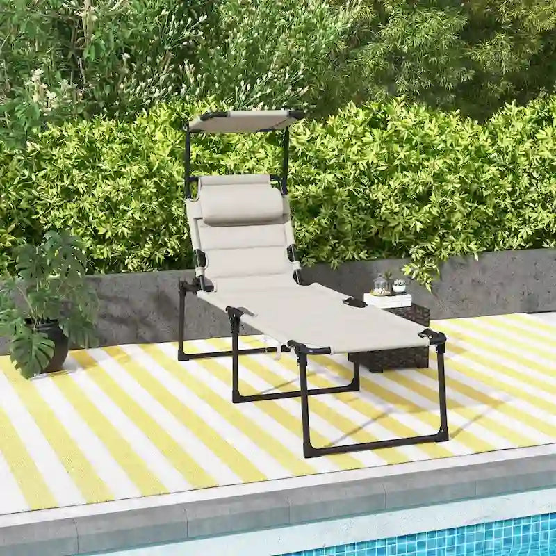 Lounge Chair, Adjustable Backrest Folding Chaise Lounge, Cushioned Tanning Chair Sunshade Roof & Pillow Headrest