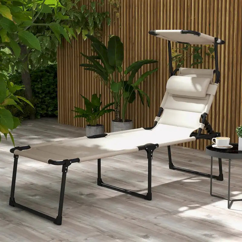 Lounge Chair, Adjustable Backrest Folding Chaise Lounge, Cushioned Tanning Chair Sunshade Roof & Pillow Headrest