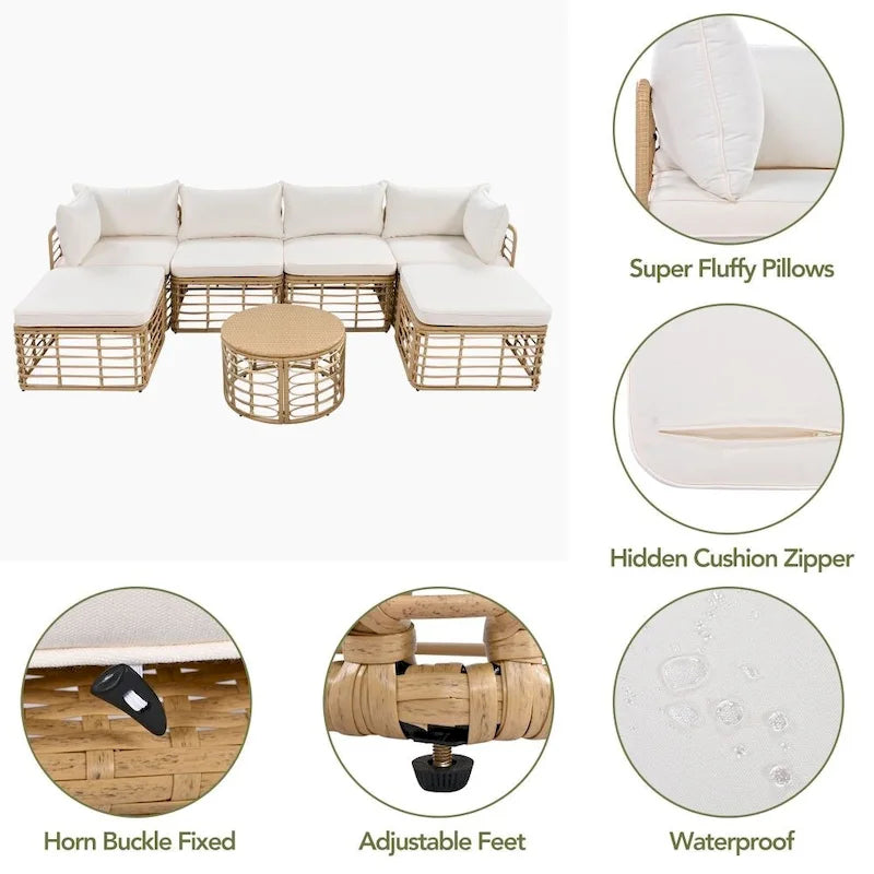 7 Pieces Outdoor Patio All-Weather Rattan Sectional Sofa Set