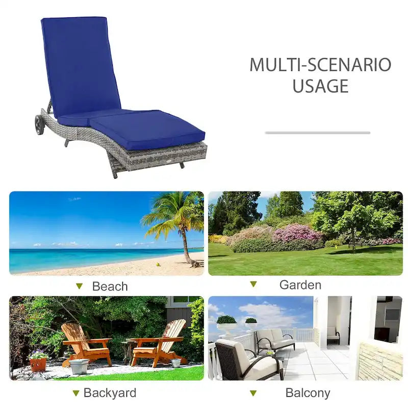 Outdoor Portable Chaise Lounge with PE Rattan Cushioned, Patio Pool Chair with 5-Level Adjustable Backrest & Wheels