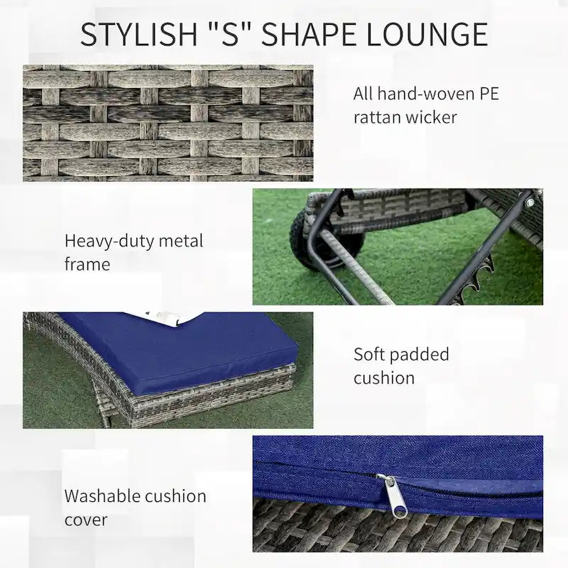 Outdoor Portable Chaise Lounge with PE Rattan Cushioned, Patio Pool Chair with 5-Level Adjustable Backrest & Wheels