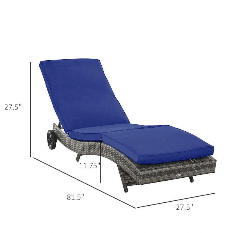 Outdoor Portable Chaise Lounge with PE Rattan Cushioned, Patio Pool Chair with 5-Level Adjustable Backrest & Wheels