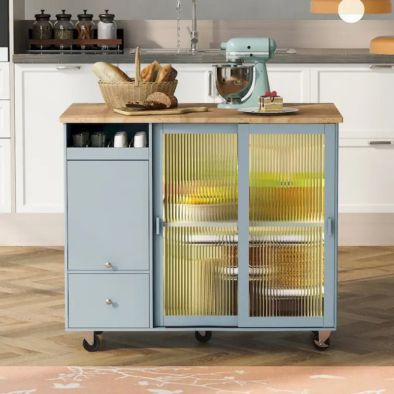Kitchen Island with Drop Leaf,Light Cart on Wheels with 2 Glass and 1 Flip Cabinet Door,Island Cart with an Shelf and 2 Drawers