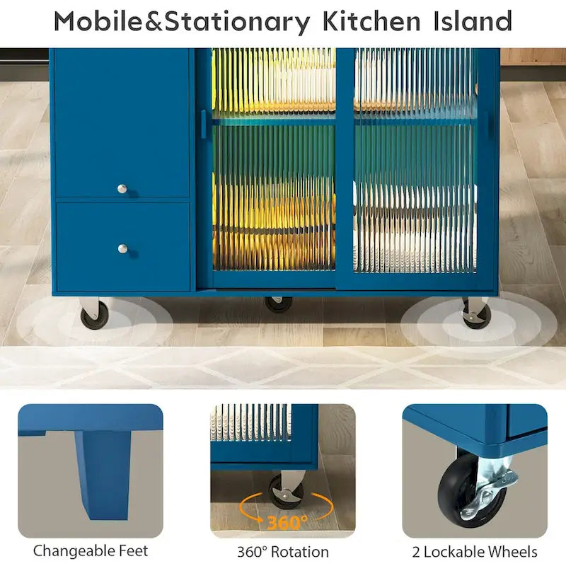 Kitchen Island with Drop Leaf,Light Cart on Wheels with 2 Glass and 1 Flip Cabinet Door,Island Cart with an Shelf and 2 Drawers