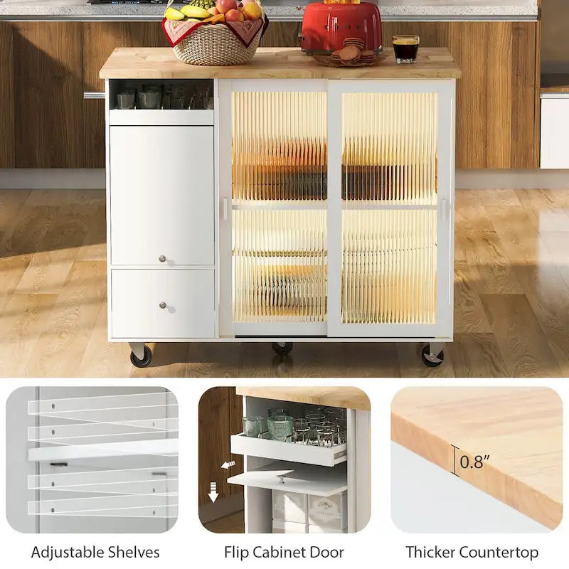 Kitchen Island with Drop Leaf,Light Cart on Wheels with 2 Glass and 1 Flip Cabinet Door,Island Cart with an Shelf and 2 Drawers