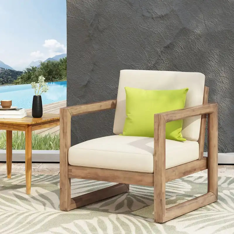 Outdoor Acacia Wood Club Chair with Cushions, Brown and Beige, 29.5 D X 27.5 W X 31.5 H
