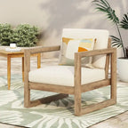 Outdoor Acacia Wood Club Chair with Cushions, Brown and Beige, 29.5 D X 27.5 W X 31.5 H